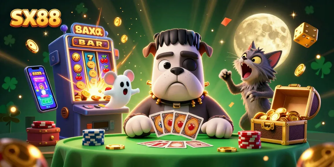SX88 presents a vibrant casino scene featuring a cartoon bulldog dealer, jackpot explosion, and whimsical characters.