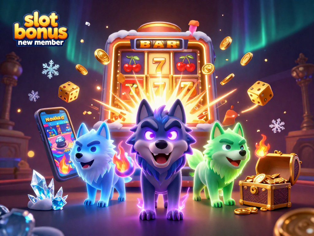 An engaging illustration showing a slot bonus new member theme with energetic characters and casino elements erupting winnings.