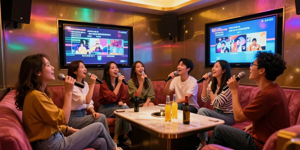 강남 가라오케에서 친구들과 함께 즐겁게 노래 부르며 놀고 있는 모습