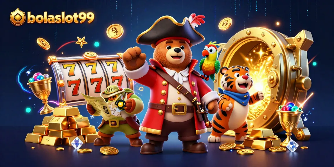 Excite in the world of bolaslot99 with a vibrant pirate scene featuring slots, treasure, and animated characters.
