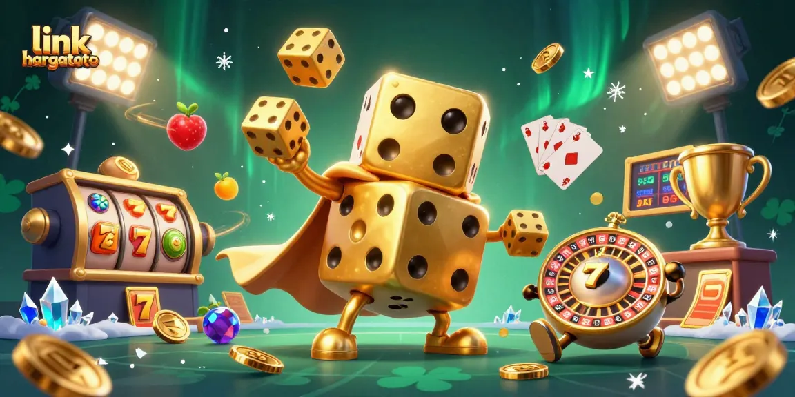 Engage with the excitement of link hargatoto through a vibrant 3D casino scene featuring dynamic golden dice and slot symbols.