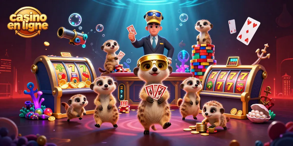 Suricates animant un casino en ligne avec des jetons et des jeux, scène colorée et animée.