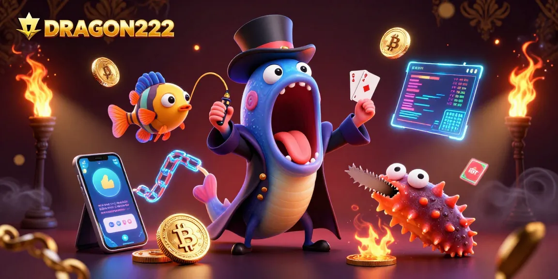 Experience thrilling gameplay with DRAGON222 in a vibrant 3D casino illustration showcasing unique underwater characters.
