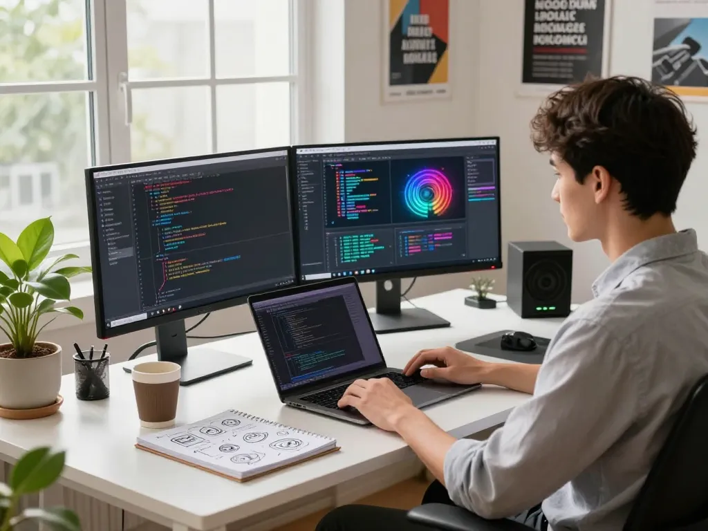 Professional workspace for image to prompt ai generator showcasing dual monitors and creative elements that inspire innovation.