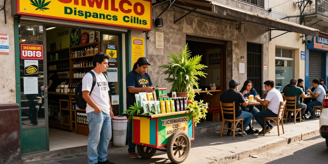 Where can I legally buy weed in Chile? A vibrant street scene outside a cannabis dispensary in Santiago.