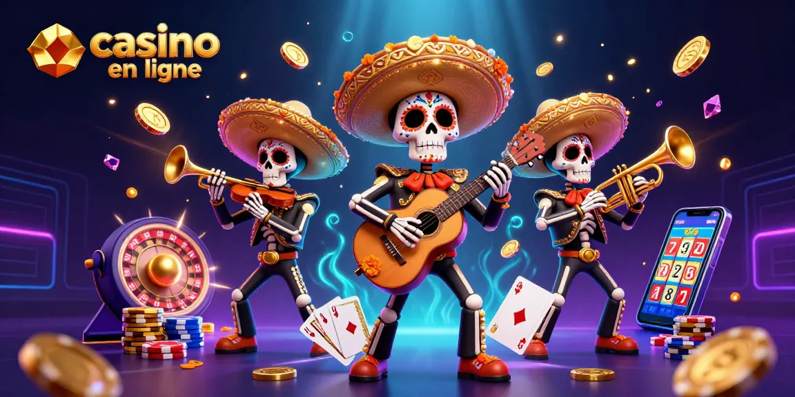 Gagnez à casino en ligne avec une bande de mariachis colorée entourée de jetons et de pièces d'or.