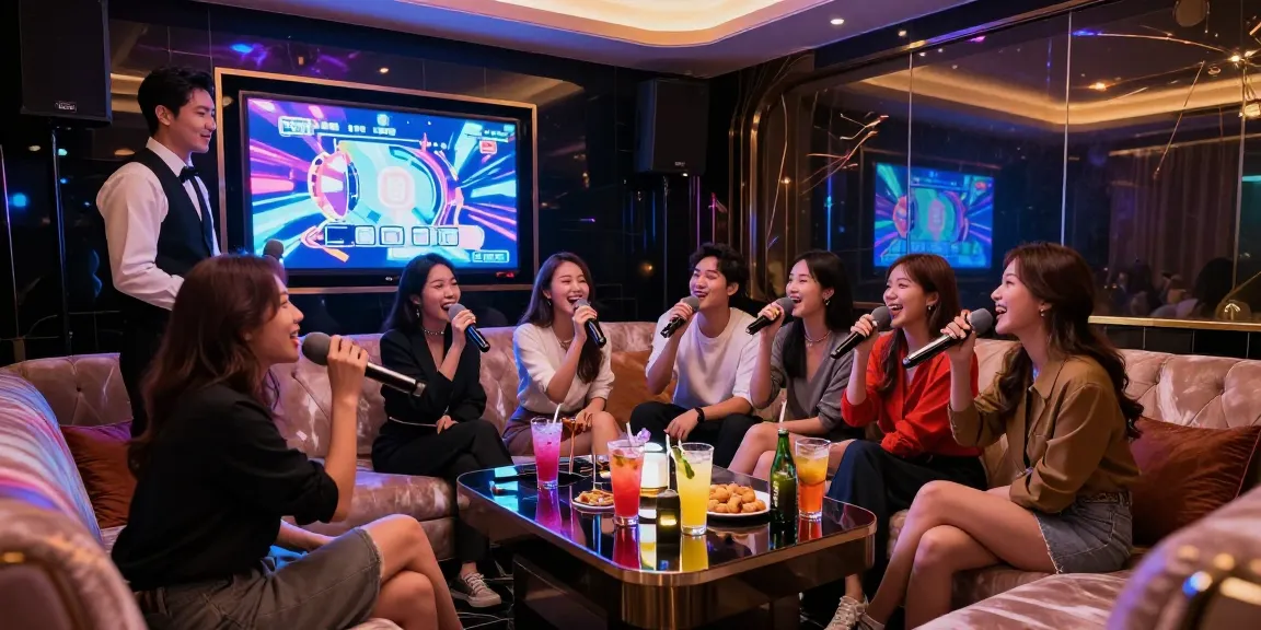 강남가라오케에서 친구들과 함께 노래 부르고 있는 고급스러운 룸의 생동감 있는 모습