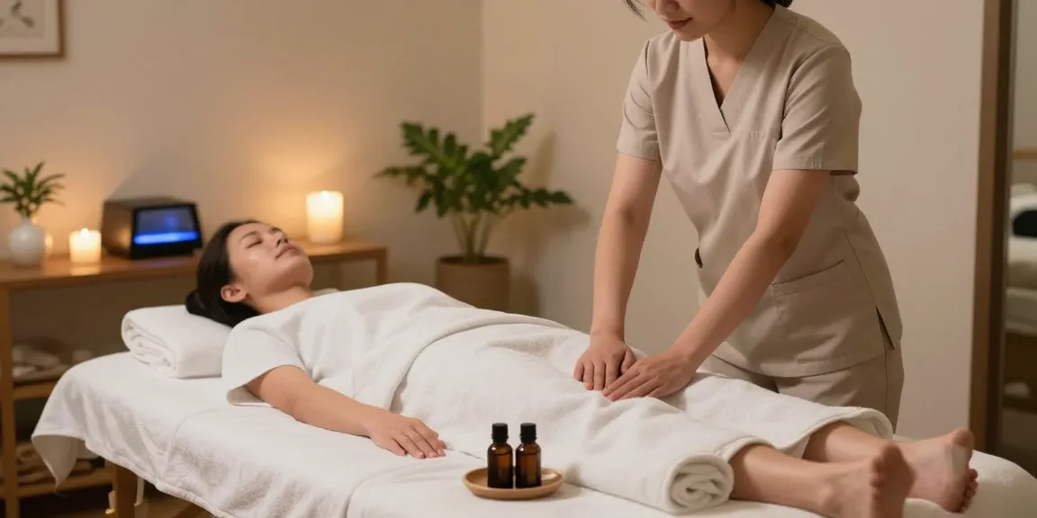 마사지 테라피 스튜디오에서 준비하는 모습과 아로마 오일이 있는 편안한 환경