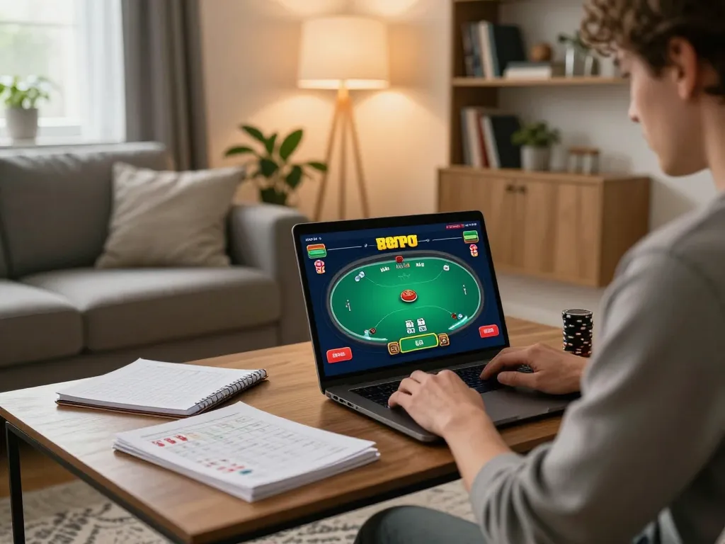 Engaged player utilizing 888top com app for an online poker game at home, showcasing a cozy gaming setup.