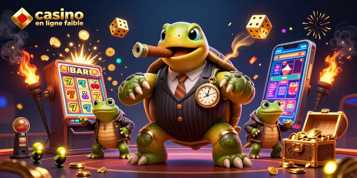 Illustration 3D de casino en ligne fiable avec des personnages animés et des éléments de jeu dynamiques.