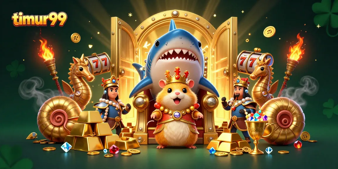 Timur99 offers an exciting gaming experience with a cartoon hamster king on a megalodon throne.