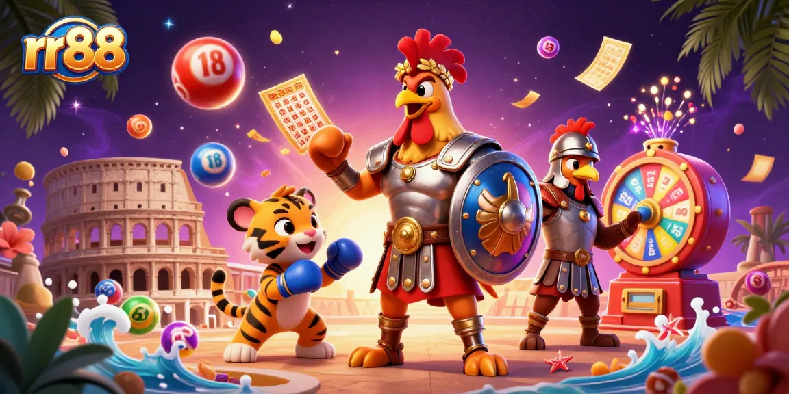 Engage in thrilling moments with rr88, where 3D gladiator rooster and friends celebrate lottery excitement.