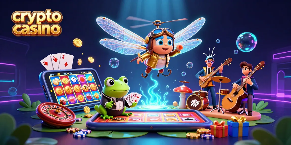 Jouez au crypto casino avec une scène captivante montrant un pilote libellule et un croupier grenouille