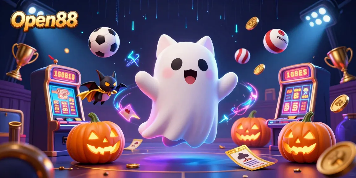 Engaging Open88 casino illustration featuring a ghost cat and vampire bat amidst dynamic sports betting elements.