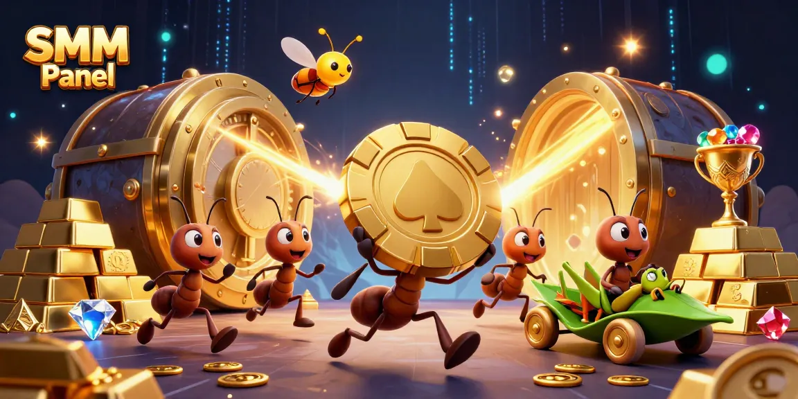 SMM Panel boosts social media engagement while ants execute a heist with a golden poker chip.
