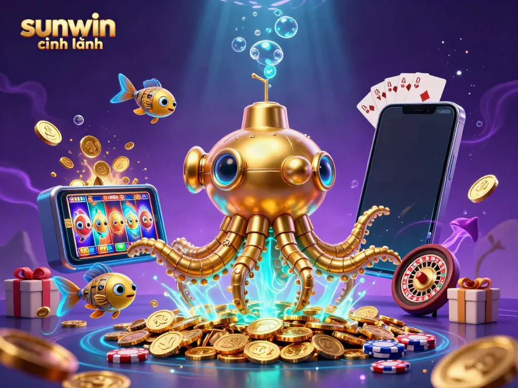 Experience the excitement of sunwin chính hãng with a dynamic underwater casino themed illustration.