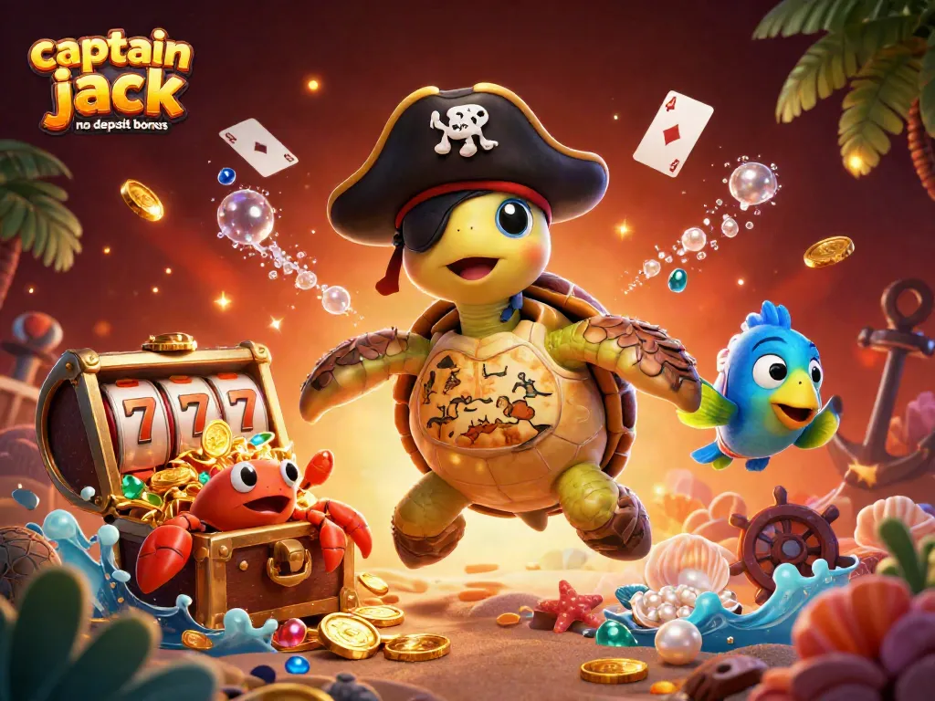 Claim your captain jack no deposit bonus with a vibrant 3D casino-themed treasure scene.