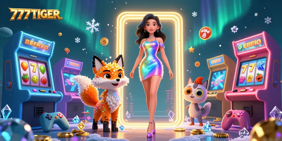 A vibrant 3D scene featuring the 777TIGER brand with a dazzling woman, pixel fox, and dynamic gaming elements.