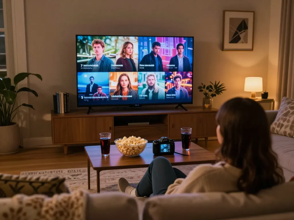 Enjoying top 7 shows binge-worthy shows in a cozy living room with popcorn and warm lighting.