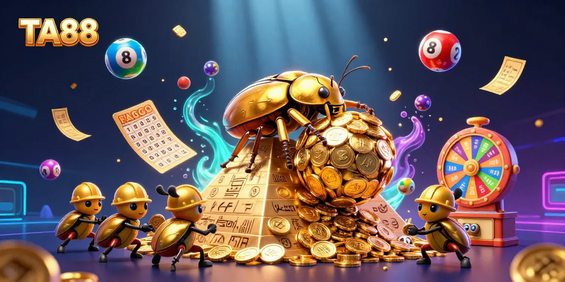 TA88 captures excitement with golden beetles rolling coins in a vibrant casino scene