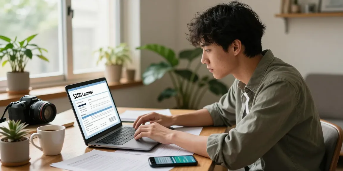 Focused individual applying to get $200 loan online at home, with documents and coffee around.