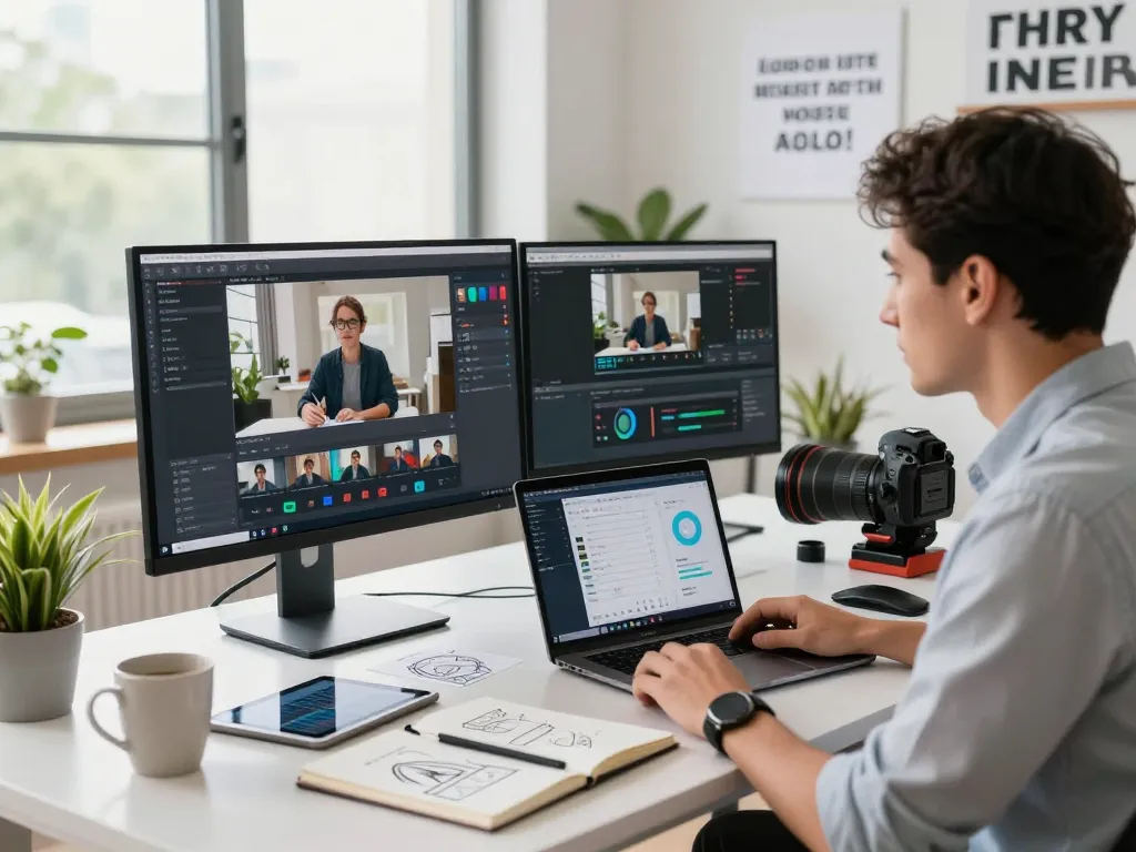 Engaged professional using a video to prompt ai tool in an innovative workspace, showcasing AI-generated video insights.
