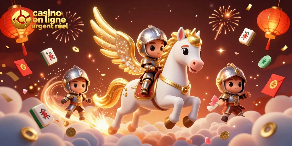 Pariez sur un casino en ligne argent réel avec un cheval céleste et un chevalier, entourés d'éléments festifs.