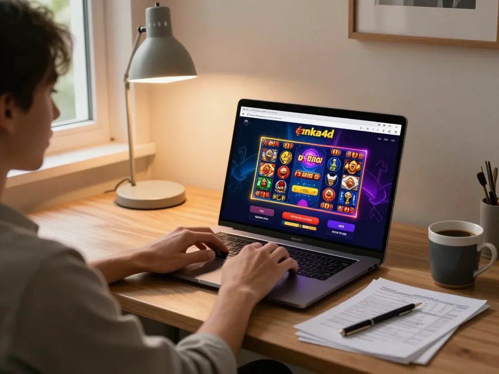 Seorang pemain berinteraksi dengan permainan slot online aneka4d, menyoroti kegembiraan permainan virtual dalam suasana rumah yang nyaman.