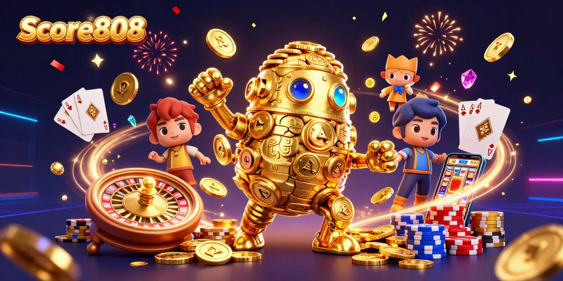 Score808 delivers a thrilling gaming experience with a golden golem, coins, and roulette excitement.
