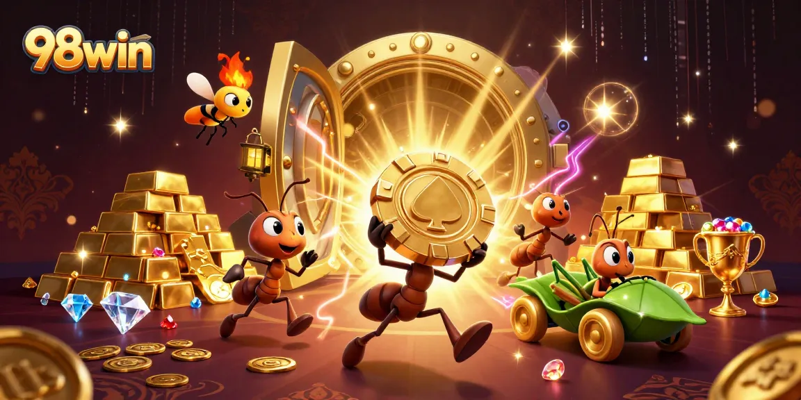 Discover thrilling gameplay at 98win casino, featuring lively characters celebrating a jackpot.