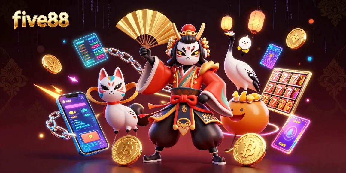 Experience excitement at five88 casino with vibrant slot reels and iconic gaming elements in a 3D illustration.