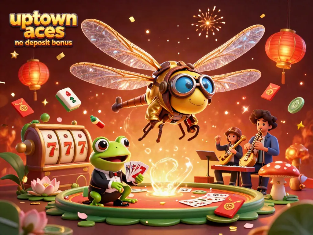 Play at Uptown Aces with a vibrant no deposit bonus, featuring lively casino scenes.