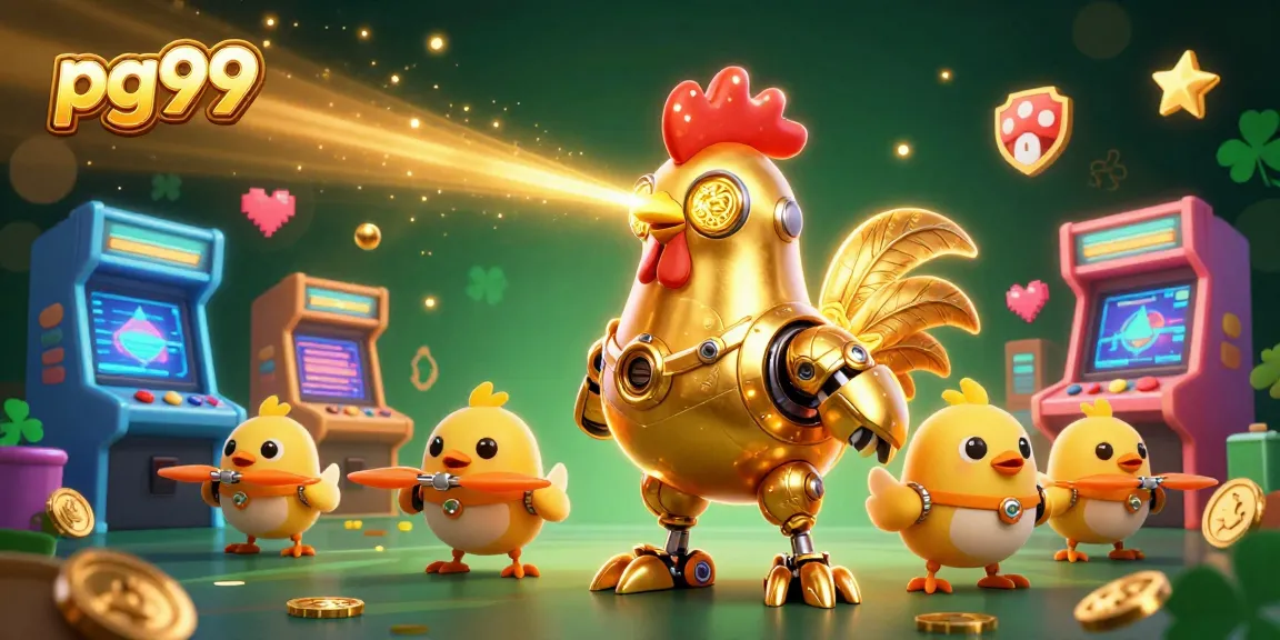 Engage with pg99’s thrilling gaming experience featuring a golden rooster robot and baby chick drones.