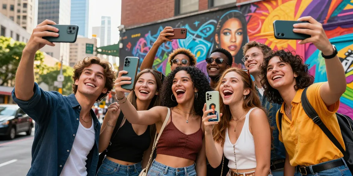 Group of friends taking selfies to see which looks like a celebrity in a vibrant urban setting.