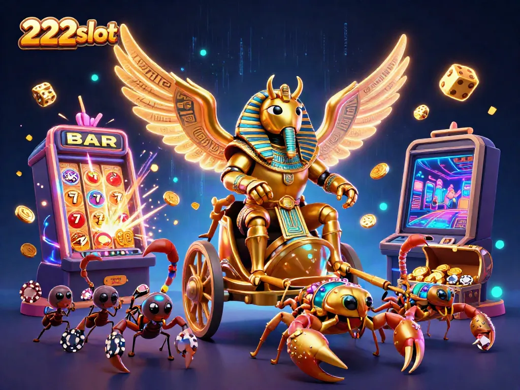 Permainan 222slot dengan karakter scarab emas dan mesin slot berlimpah koin.