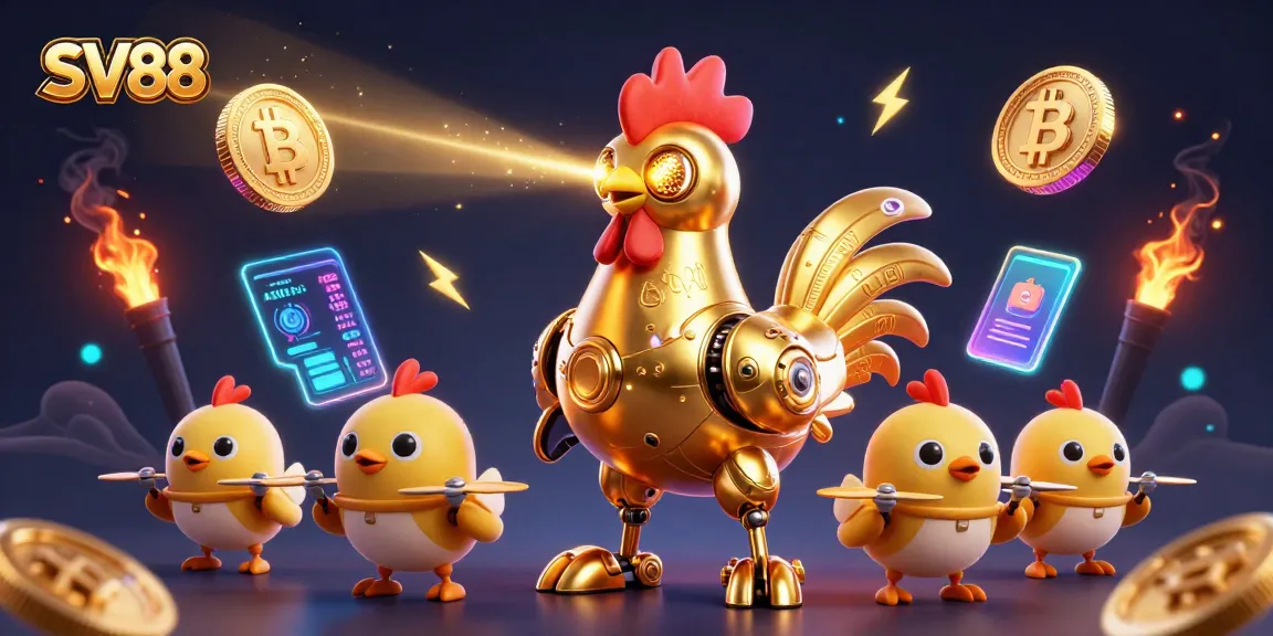Place your bets at SV88, featuring a dynamic 3D golden rooster and crypto gaming elements.