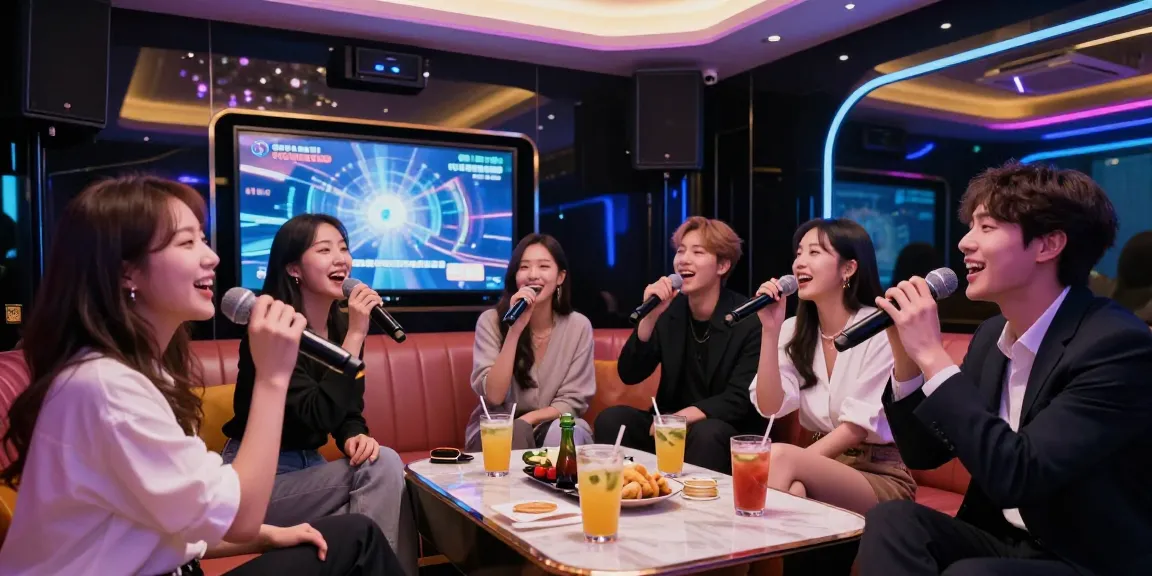 강남가라오케에서 즐거운 시간을 보내는 젊은 직장인들의 모습, 고급스러운 음향 장비와 화려한 조명 속에서 노래를 부르는 장면.
