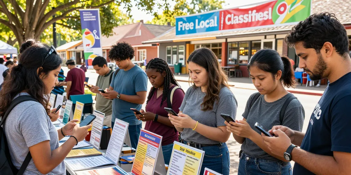 People engaging with BedPersonal's classifieds in a vibrant local market atmosphere.