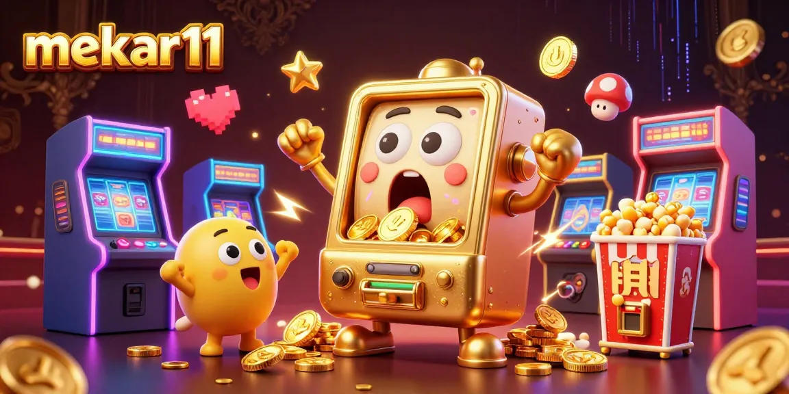Mekar11 jackpot celebration with a golden slot machine and cheering baby slots in a lively casino scene