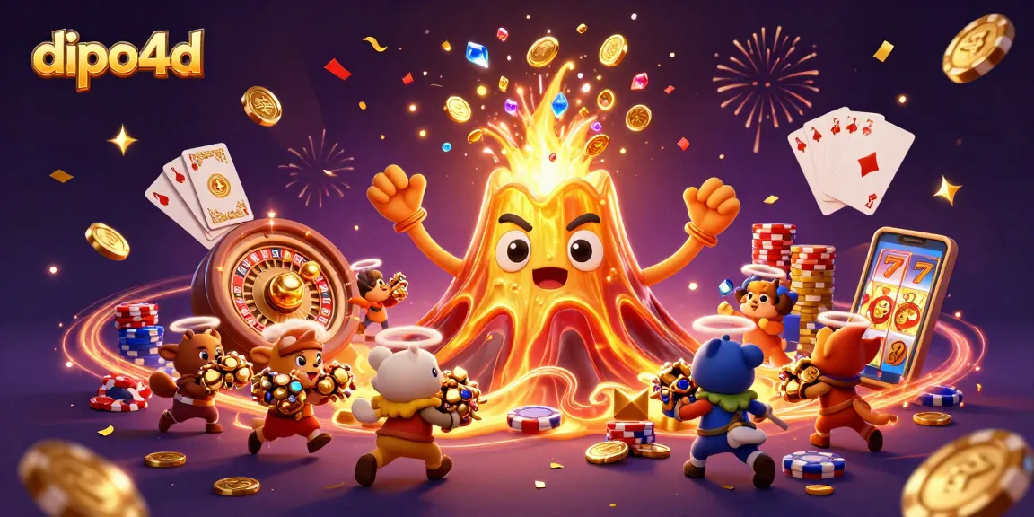 Experience dipo4d's vibrant casino world with a golden volcano erupting treasures.