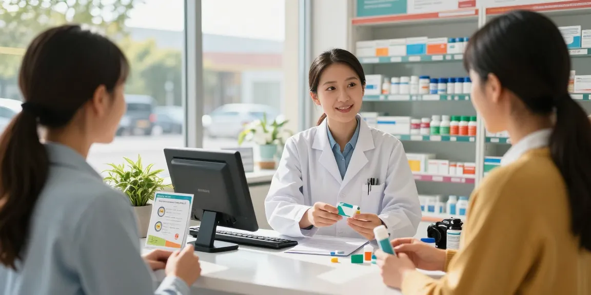 Ivermectin dosage for humans consultation in a pharmacy, pharmacist assisting a customer.