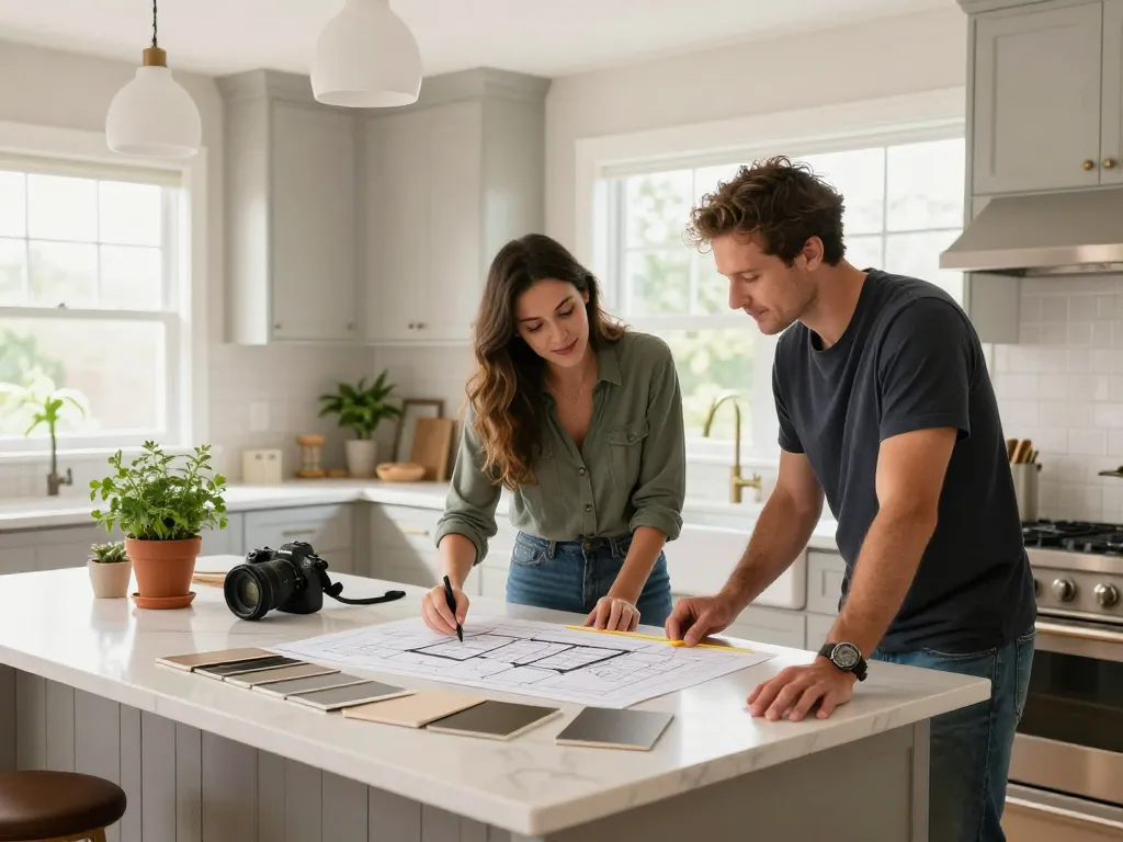 Home renovation at crediblekb.com with a kitchen remodeler discussing plans.