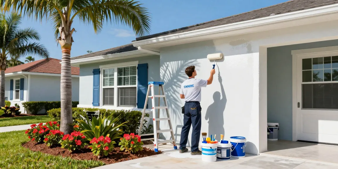 Painters in Sarasota FL enhancing a coastal home's exterior with vibrant paint, showcasing professional craftsmanship and sunny ambiance.
