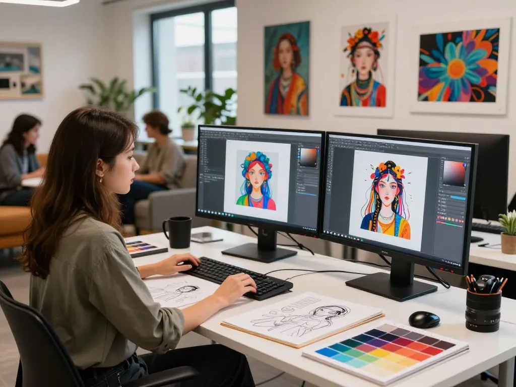 Artist creating innovative nsfw ai art in a vibrant studio setting with dual monitors and colorful prints