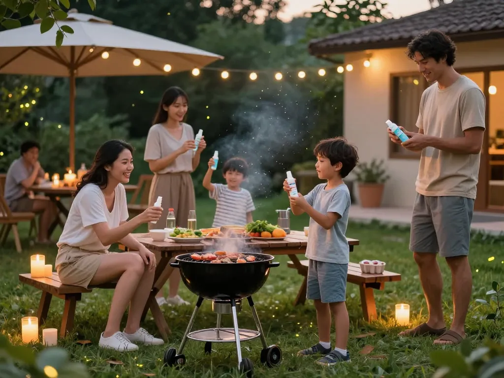 Best Mosquito Repellent application at a summer barbecue, cheerful family enjoying outdoor safety.