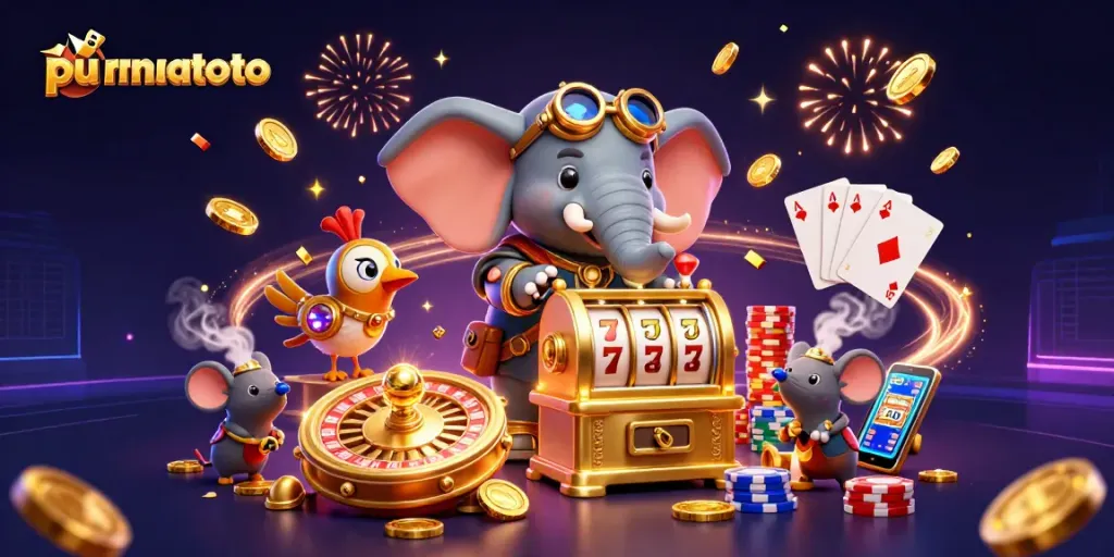 Menangkan jackpot di purnatoto dengan elemen slot dan karakter menarik dalam ilustrasi 3D.