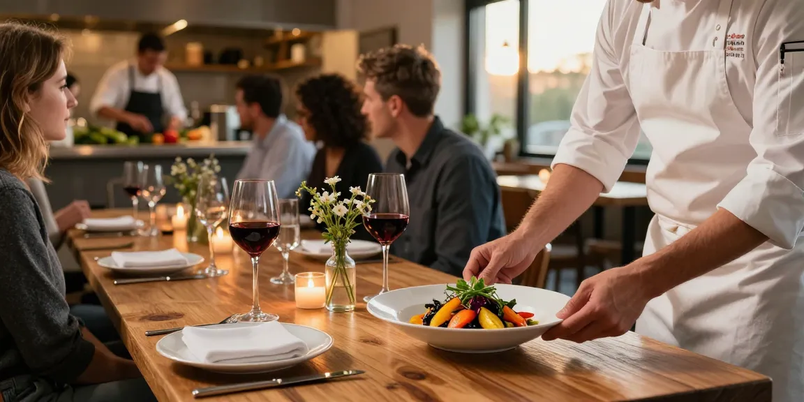 Beautiful dining scene at https://cuisines-a-flo.com/ featuring chef plating a colorful dish surrounded by warm candlelight.