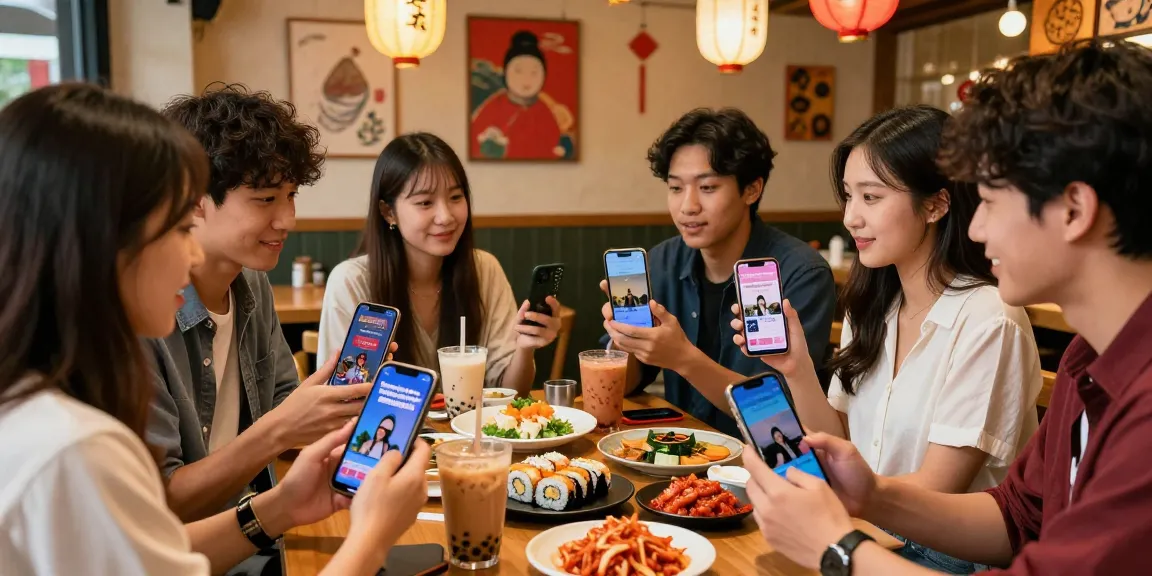 Friends discussing Asian pop culture trends at a cozy café, inspired by content from https://hanadultalk.com, showcasing vibrant interaction and cultural cuisine.
