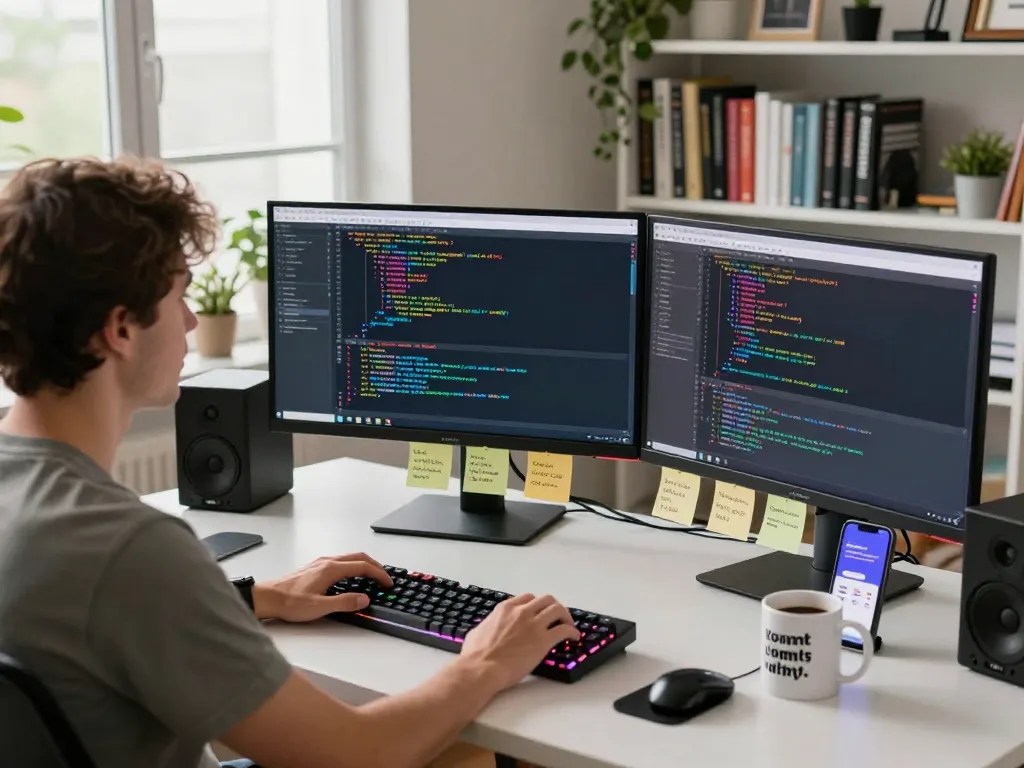 Developer using clawdbot for automation tasks in a lively coding workspace.