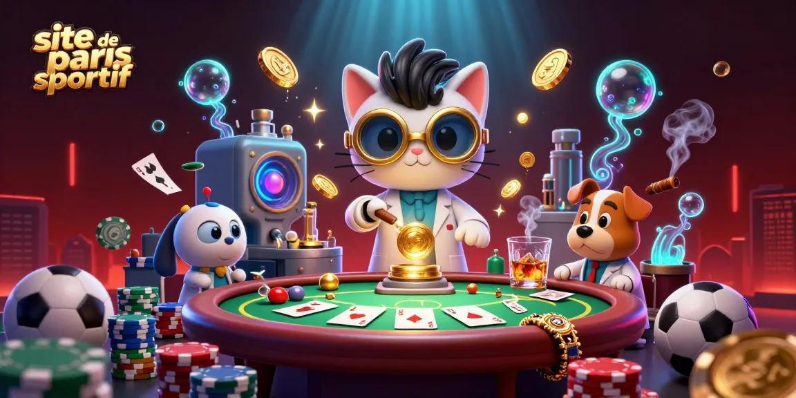 Illustration captivante de paris sportifs, avec un chat scientifique et son assistant créant des billets, site de paris sportif enluminé.